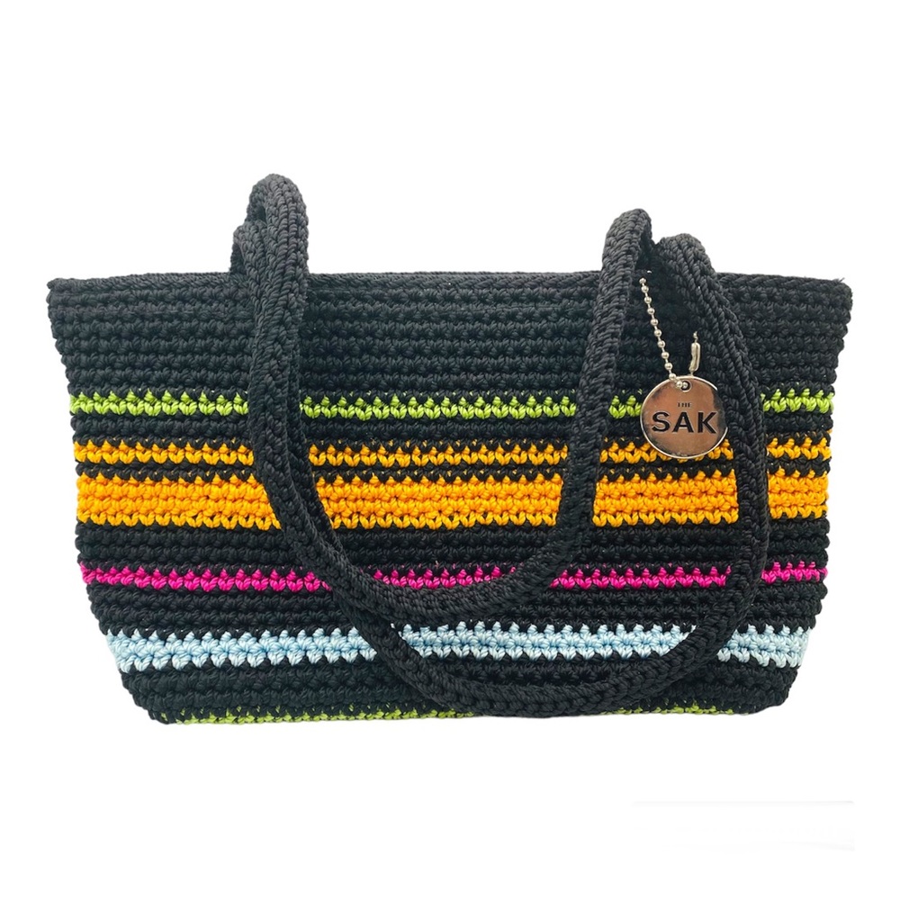 THE SAK Womens Handbag Black Rainbow Stripe Crochet Knit Tote Purse BOHO Zip